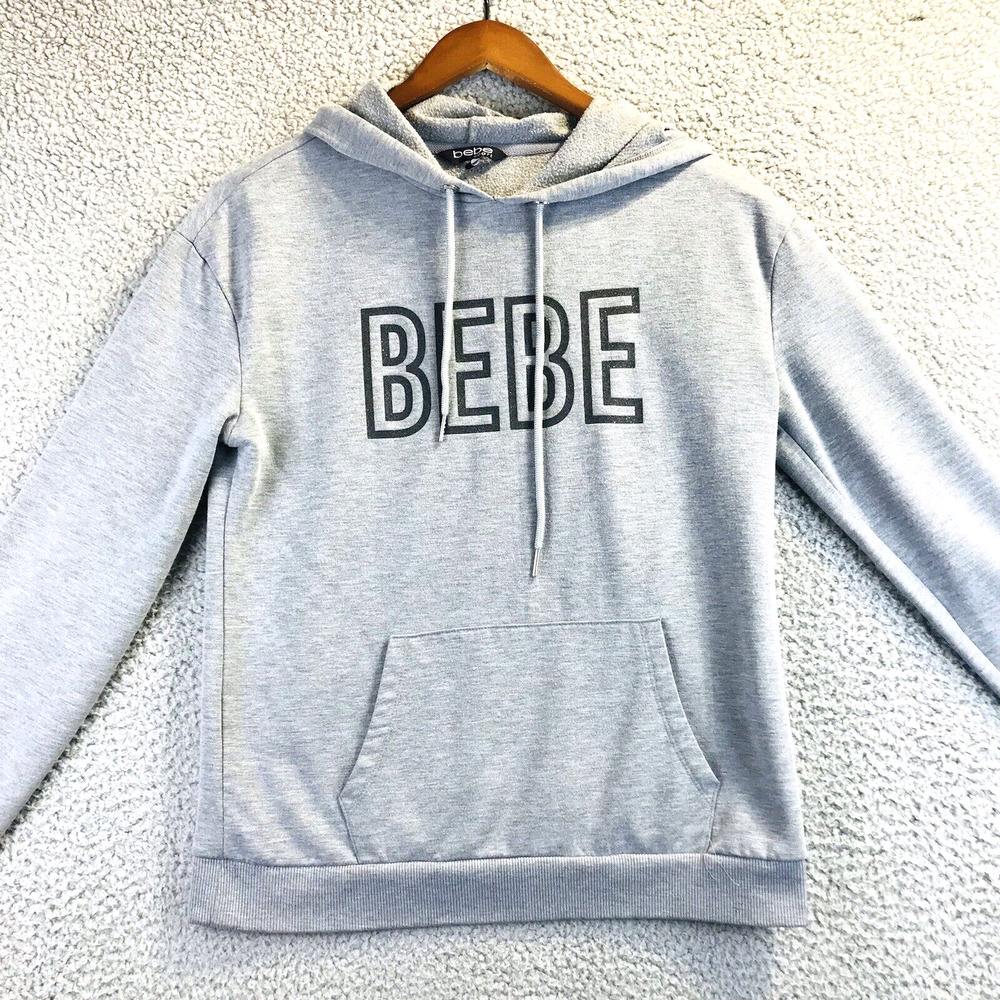 Bebe Sport Womens Gray Small Pullover Jacket Sweatshirt Logo Hoodie Thumb Hole